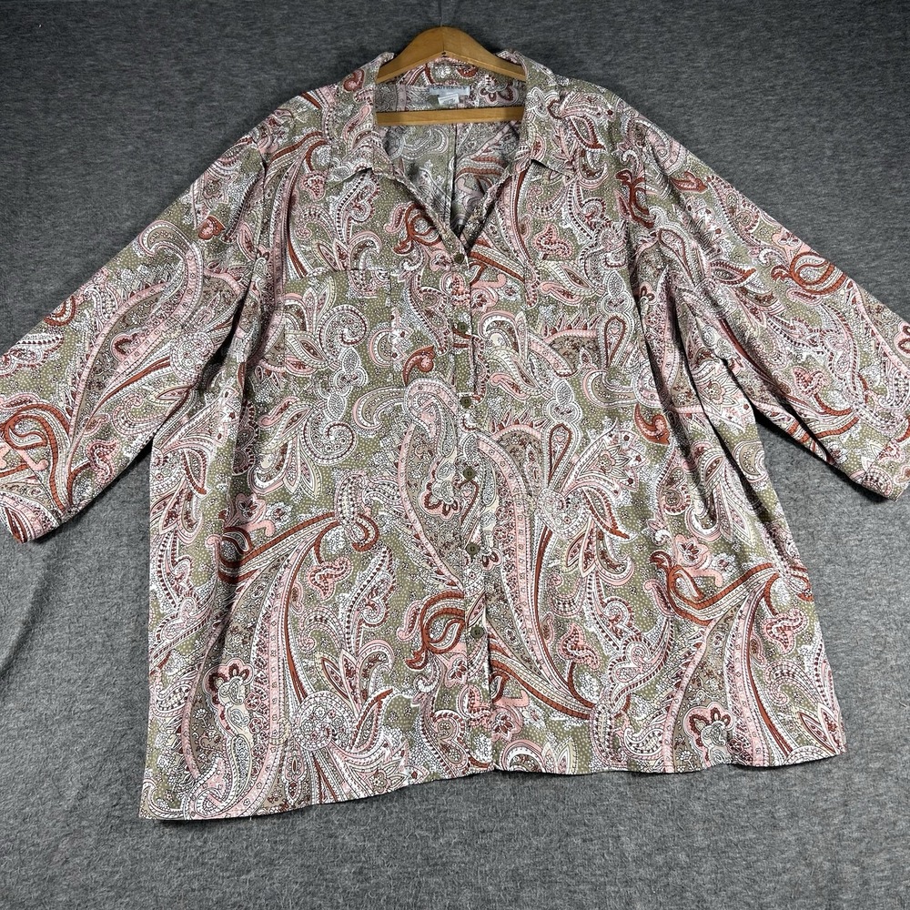 Catherines Shirt Womens 3X 26 28W Paisley Tunic Button Up ‎ Roll Tab Sleeves